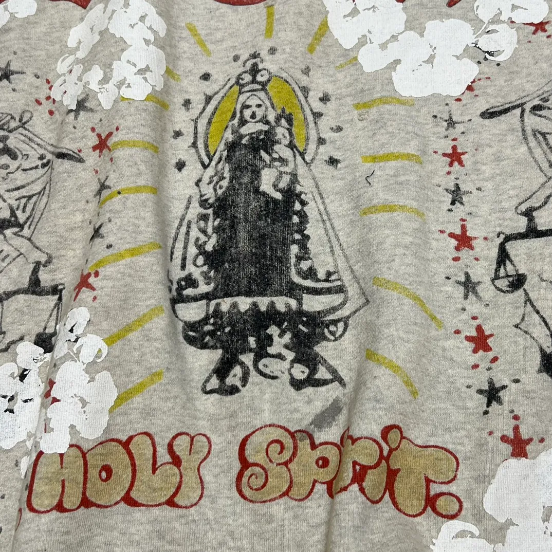 DENIM TEARS × ©SAINT M×××××× "SAINT TEARS" Graffiti Hoodie Joint Model Cotton Graffiti Hoodie Fully Printed Washed Distressed Holes Vintage Sweatshirt Gray S-XL Super Heavy Duty! The whole piece is printed with 35 screens and counterpoint printing!